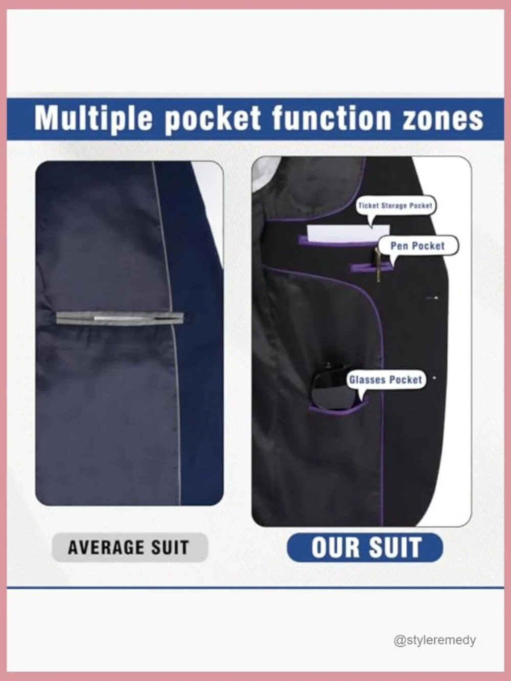 Slim Fit 3 Piece Suit Set with Multi-Functional Pockets